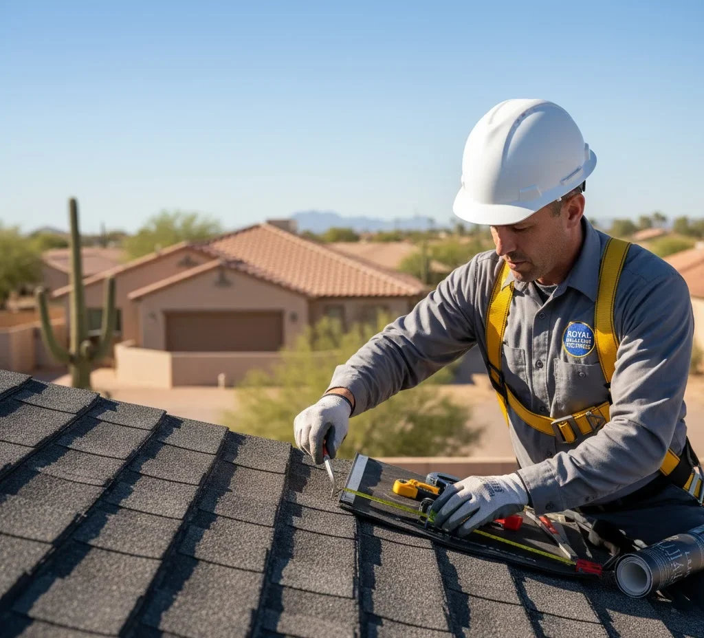 Expert Residential Roof Installation Technician Inspecting Shingle Roof in Tucson AZ – Royal Reliable Roofing
