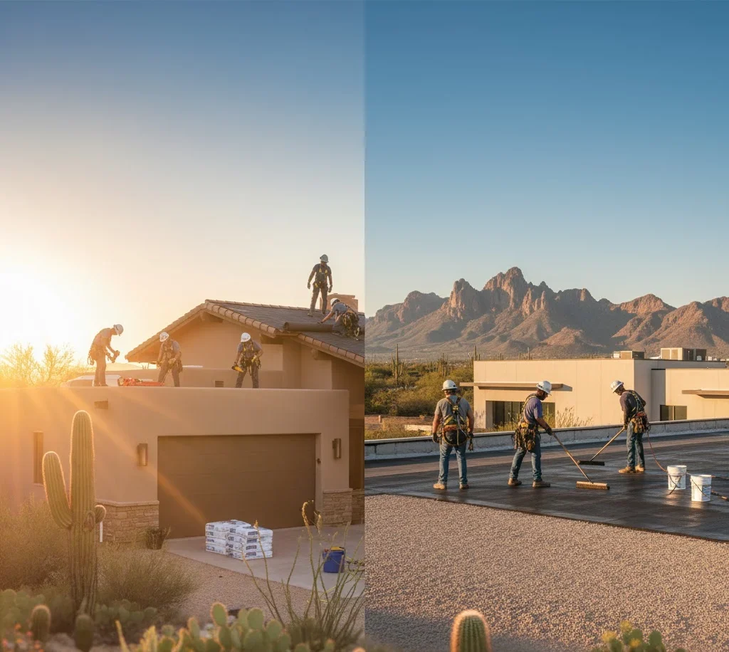 Roofers installing shingles and flat roofing on residential and commercial buildings in Tucson.