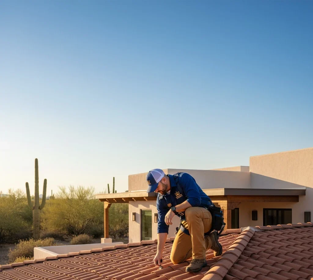 Technician performing residential roof inspection on a Tucson home.