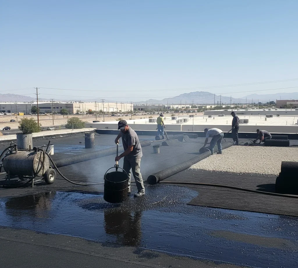 Built-Up Roofing (BUR) replacement in Tucson AZ — multi-layer commercial flat roof installation by Royal Reliable Roofing.
