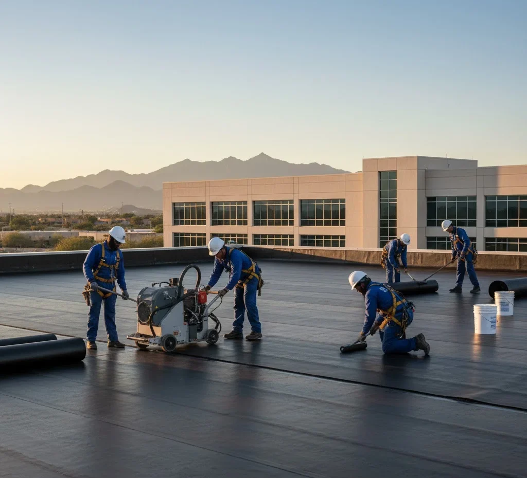 Roofers applying membrane on a flat commercial roof.