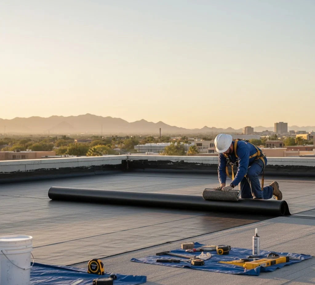 Technician installing EPDM membrane on a flat roof.
