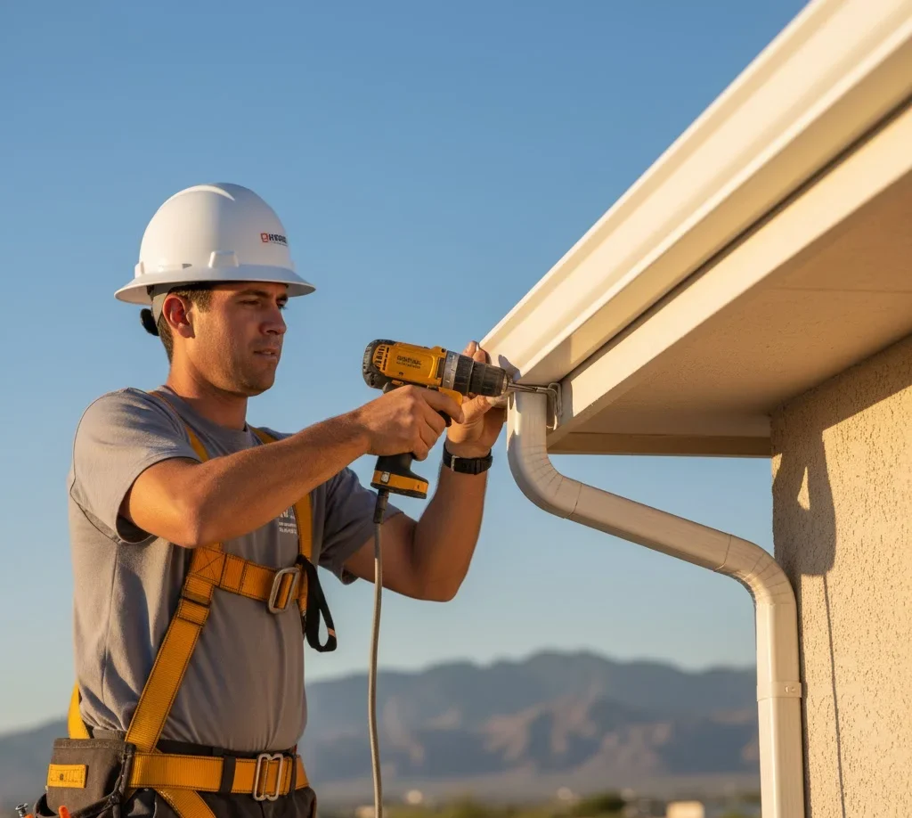 Technician installing new aluminum gutters on a home.