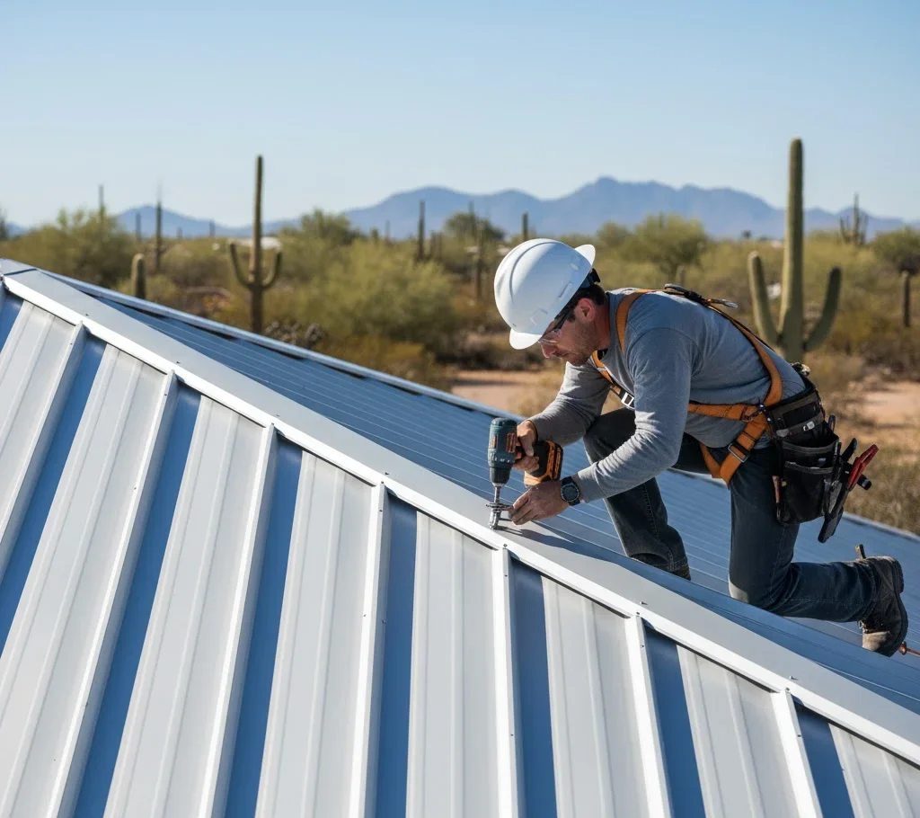 Contractor installing metal roof panels on a home.