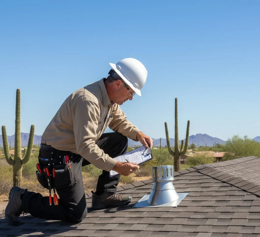 Certified roofer performing a roof inspection on a Tucson home