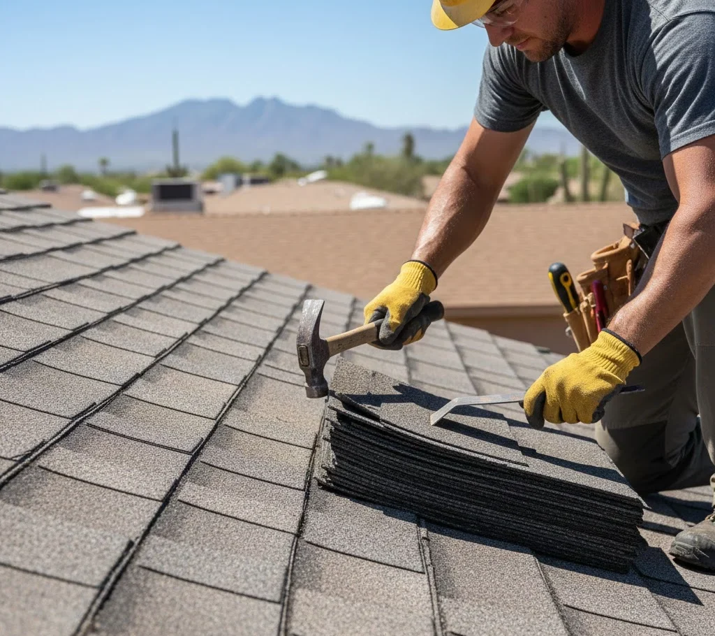 Professional roofer repairing damaged shingles on a Tucson home