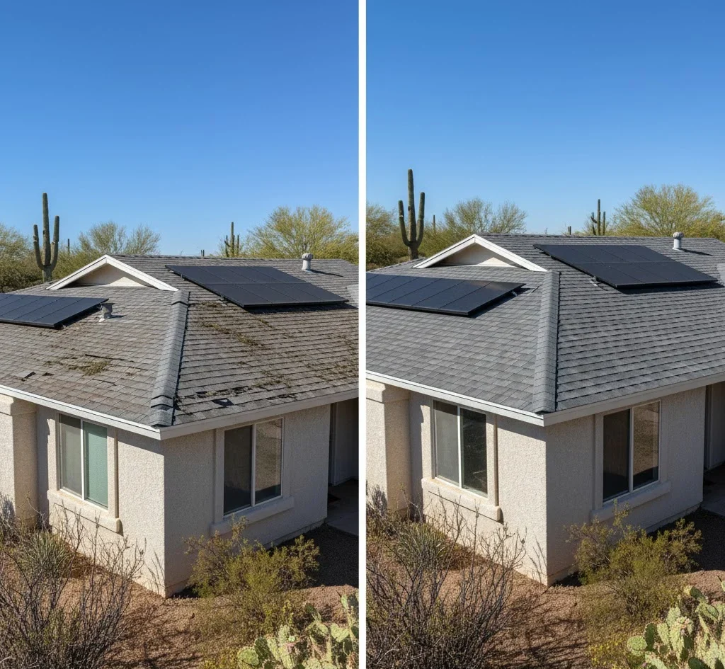 Before and after new residential roof replacement in Tucson AZ