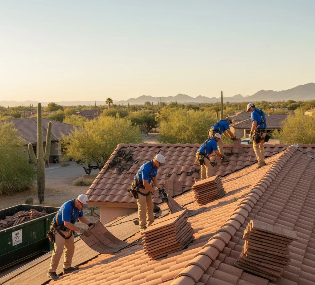 Roofing crew removing old shingles and installing a new roof on a Tucson home.