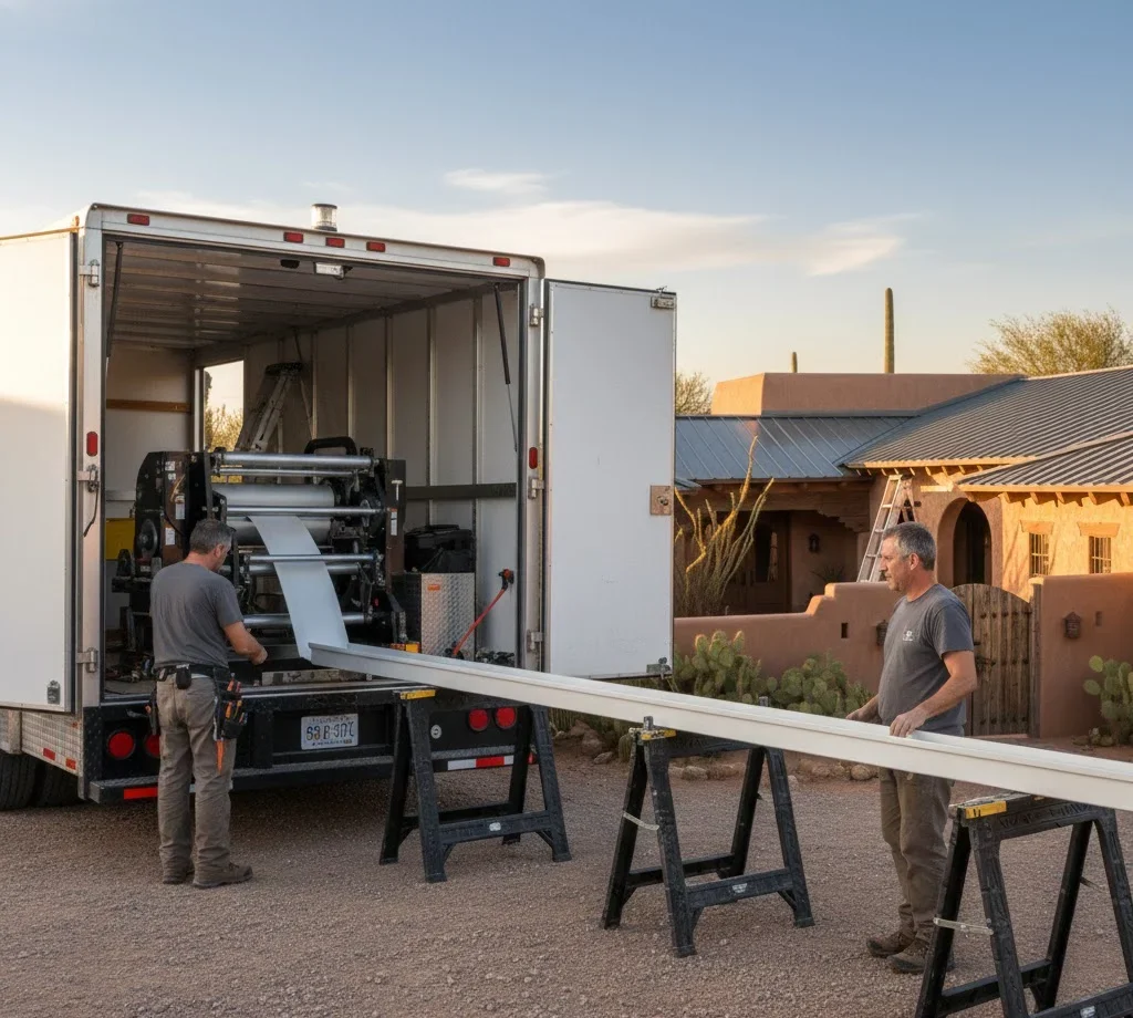 Seamless gutters being installed on a Tucson residential home