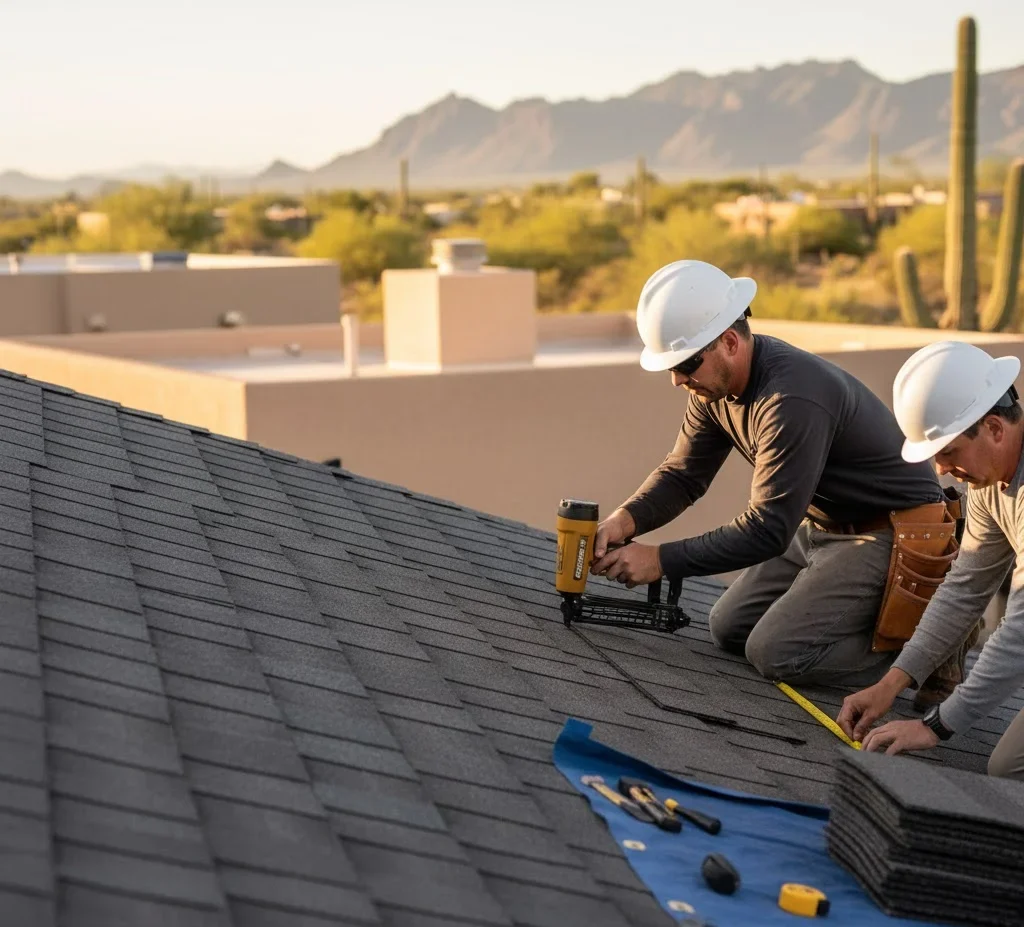 Crew installing asphalt shingles on a pitched roof.