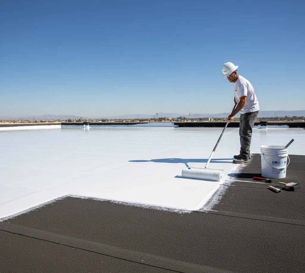 Worker applying silicone coating on a flat roof with roller.