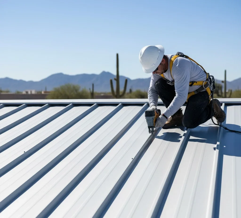 Close-up of standing seam roof panels being installed.