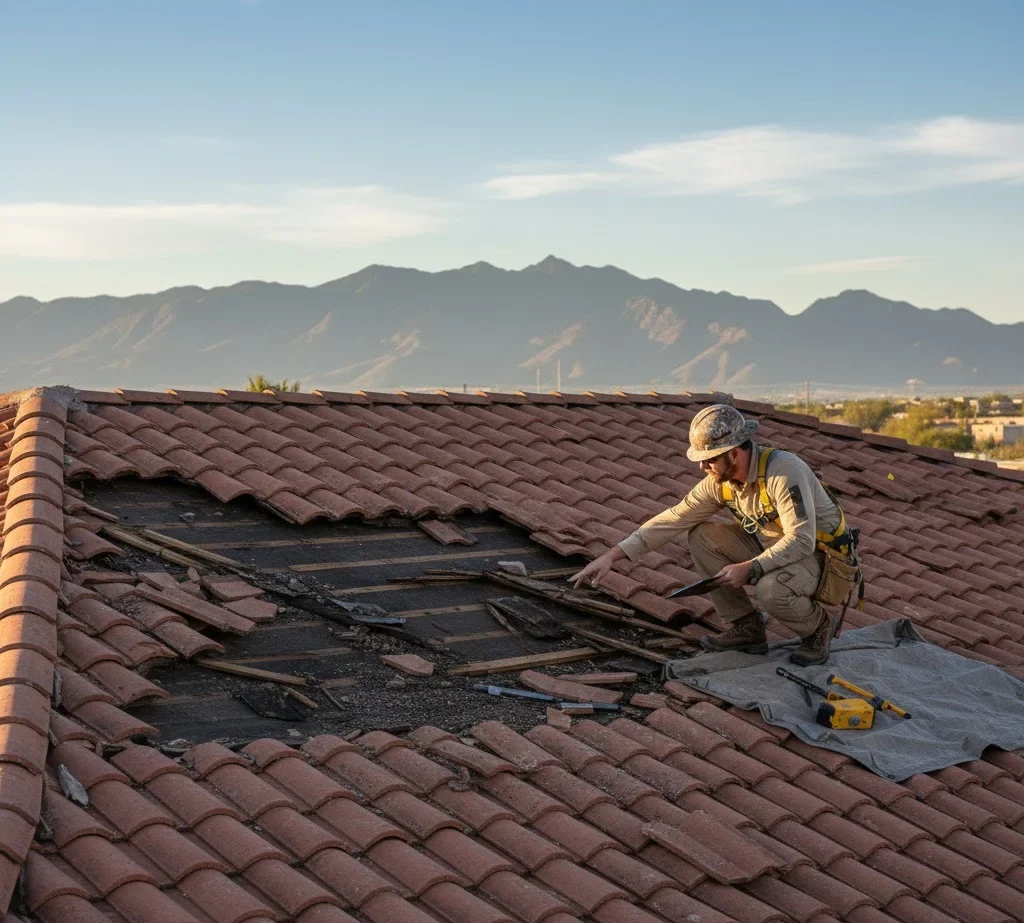 Storm-damaged roof with missing shingles and a roofer inspecting the area.