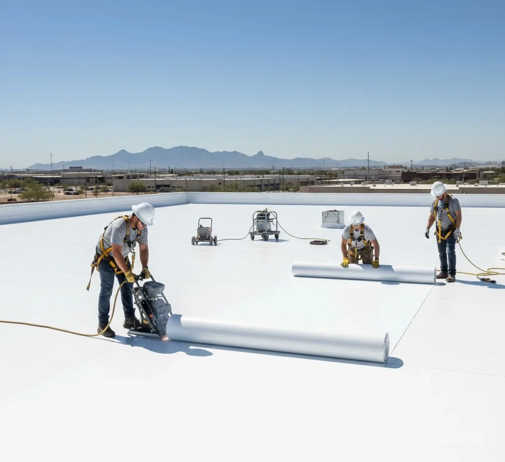 TPO and EPDM single-ply membrane roof replacement for commercial buildings in Tucson AZ — energy-efficient and durable installation