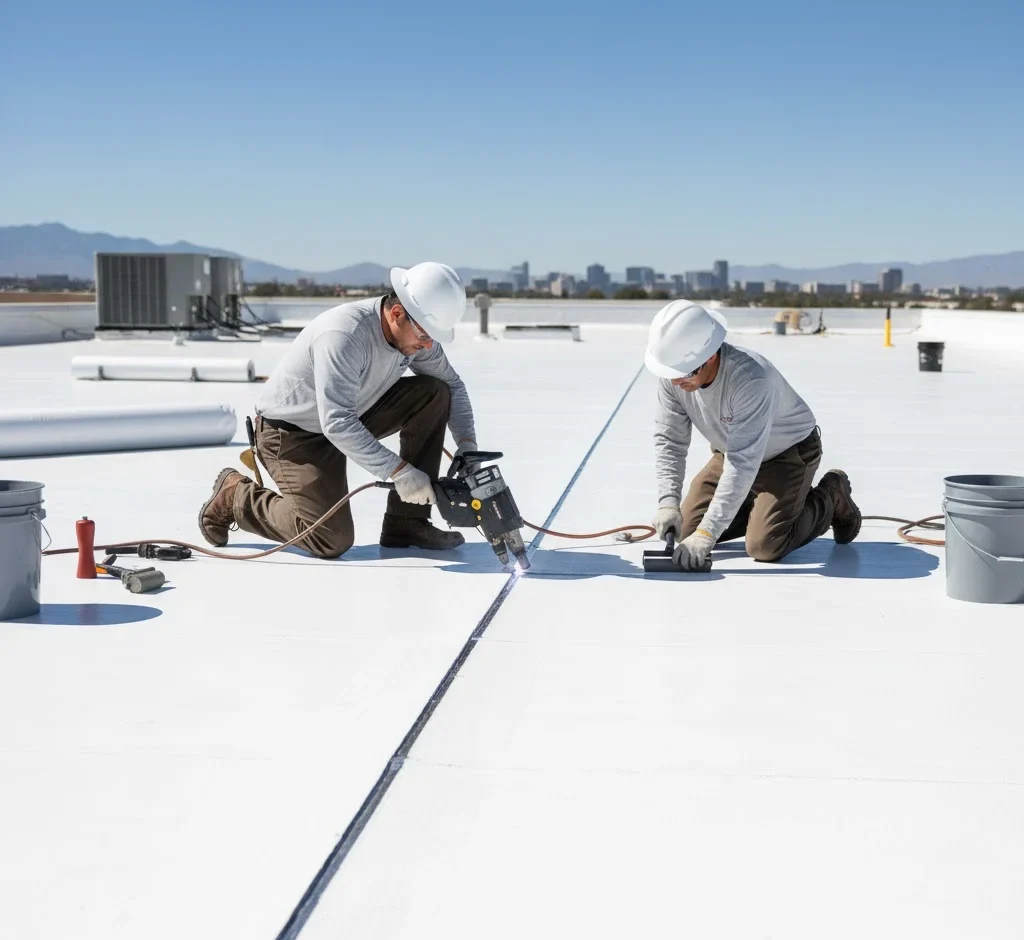 Contractors heat-welding TPO membrane seams on a flat roof.