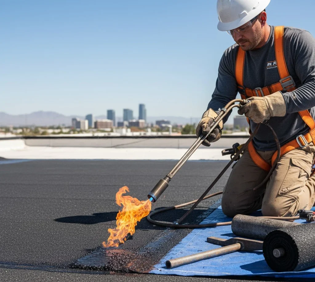 Roofer applying torchdown membrane with open flame torch.