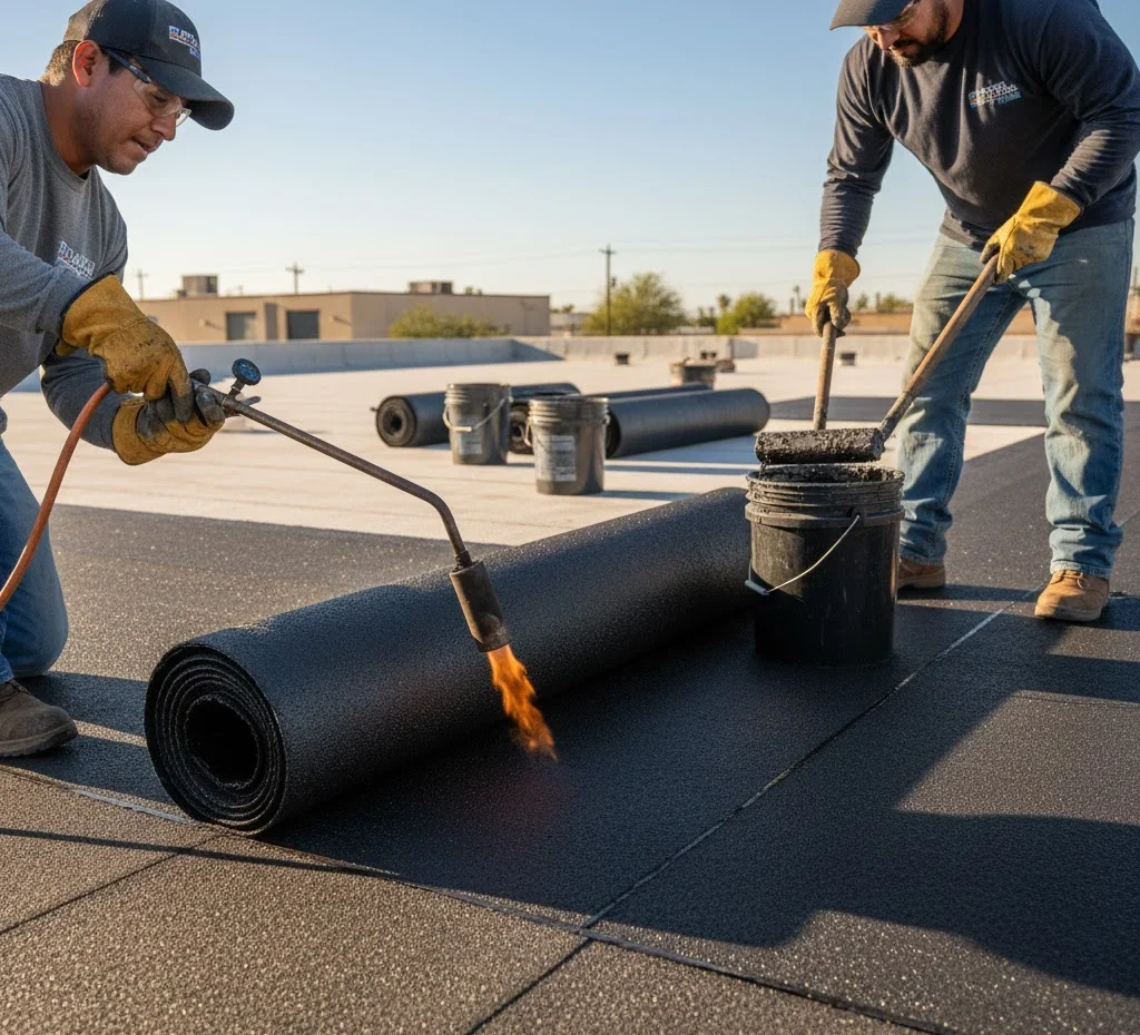 Asphalt and modified bitumen commercial roof replacement in Tucson AZ — professional flat roof installation by Royal Reliable Roofing.
