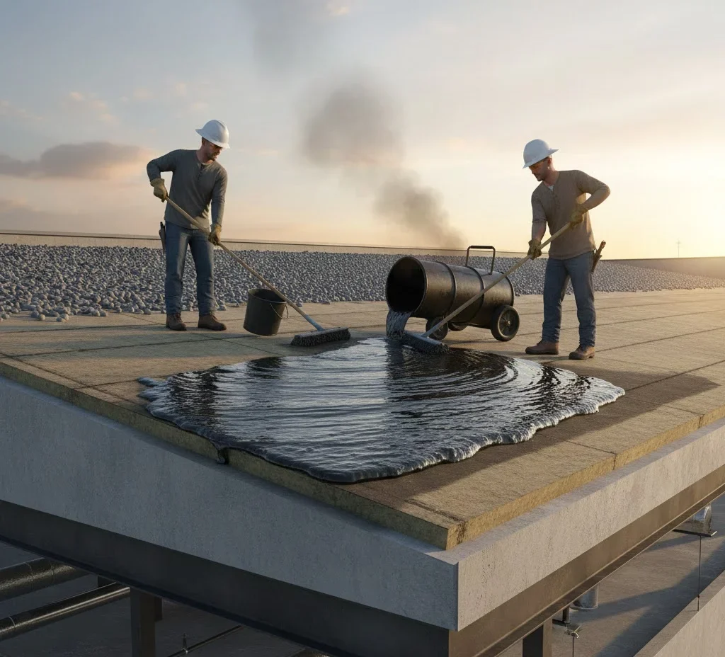 Built-up roofing with multiple asphalt and felt layers for commercial durability.