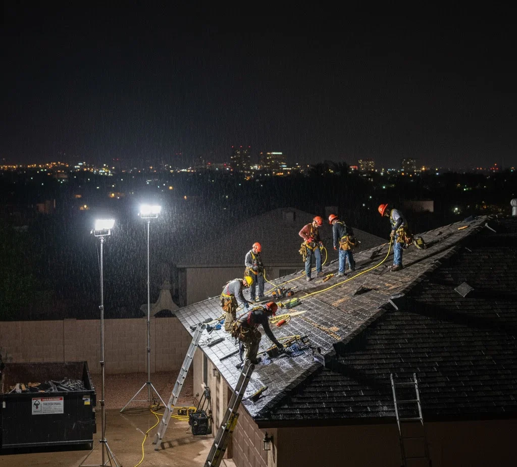 Emergency roofer fixing storm damage during nighttime lights.