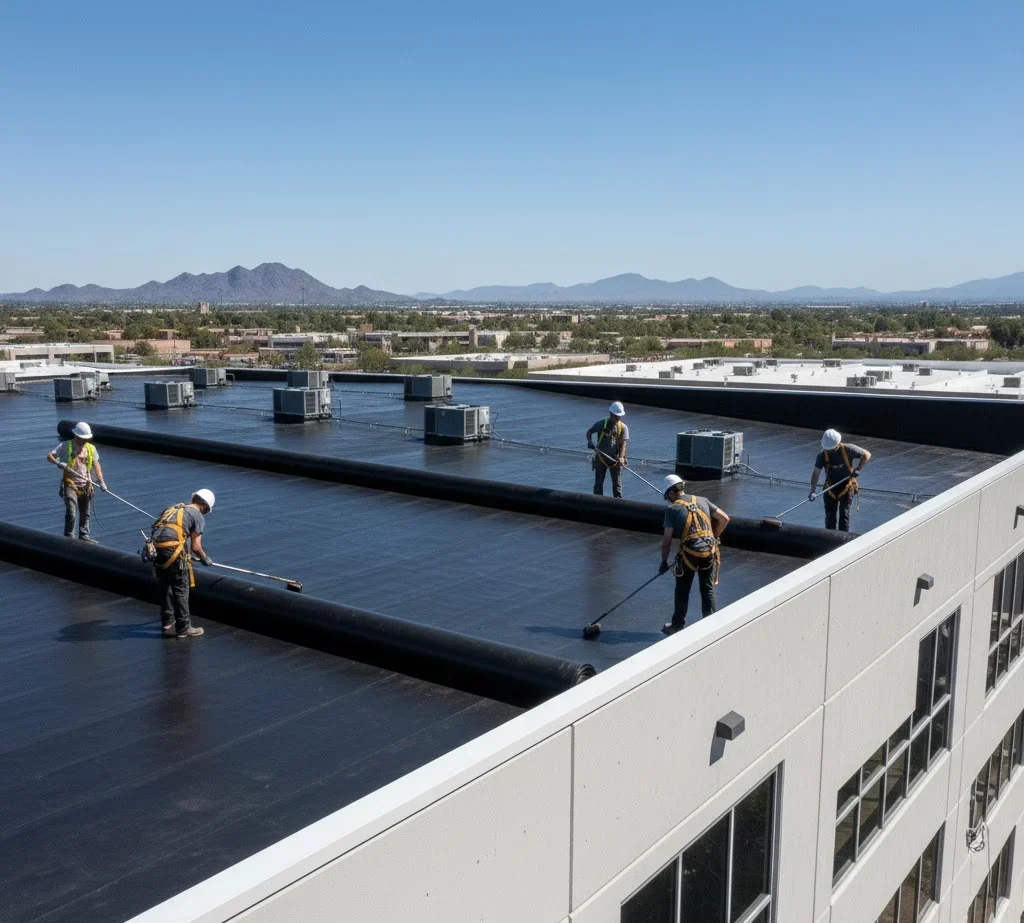 EPDM black membrane roofing installation for commercial low-slope buildings.