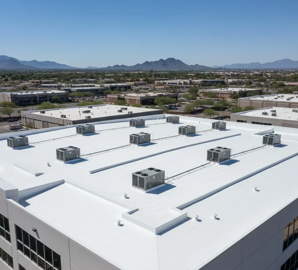 Flat commercial roofing system with durable membrane installed for businesses.