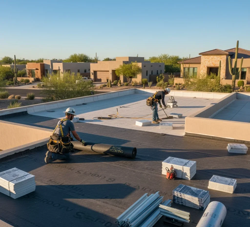 Commercial gutter and drainage system replacement in Tucson AZ — professional installation to prevent water pooling and roof damag