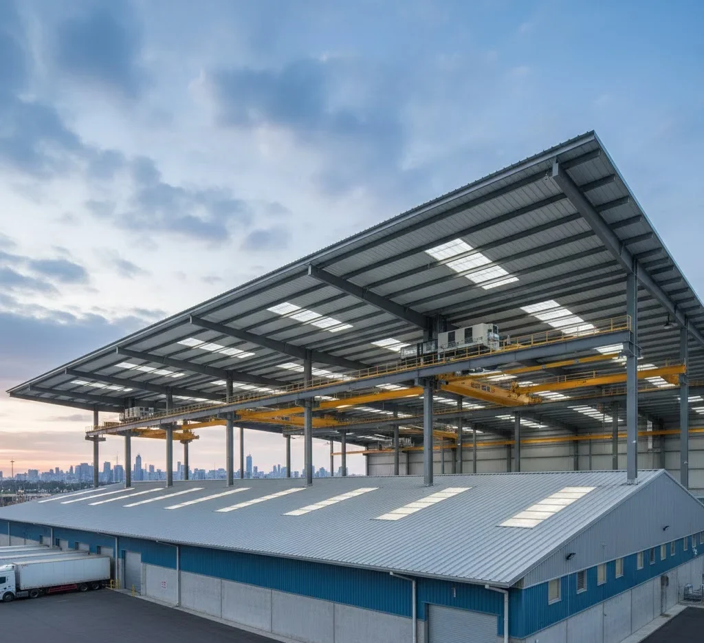 Industrial roofing system for warehouses, factories, and large commercial facilities.