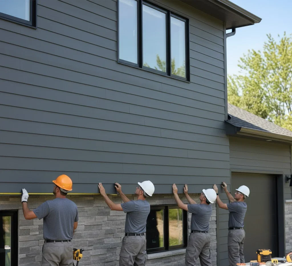 Contractors installing new siding panels on a house.