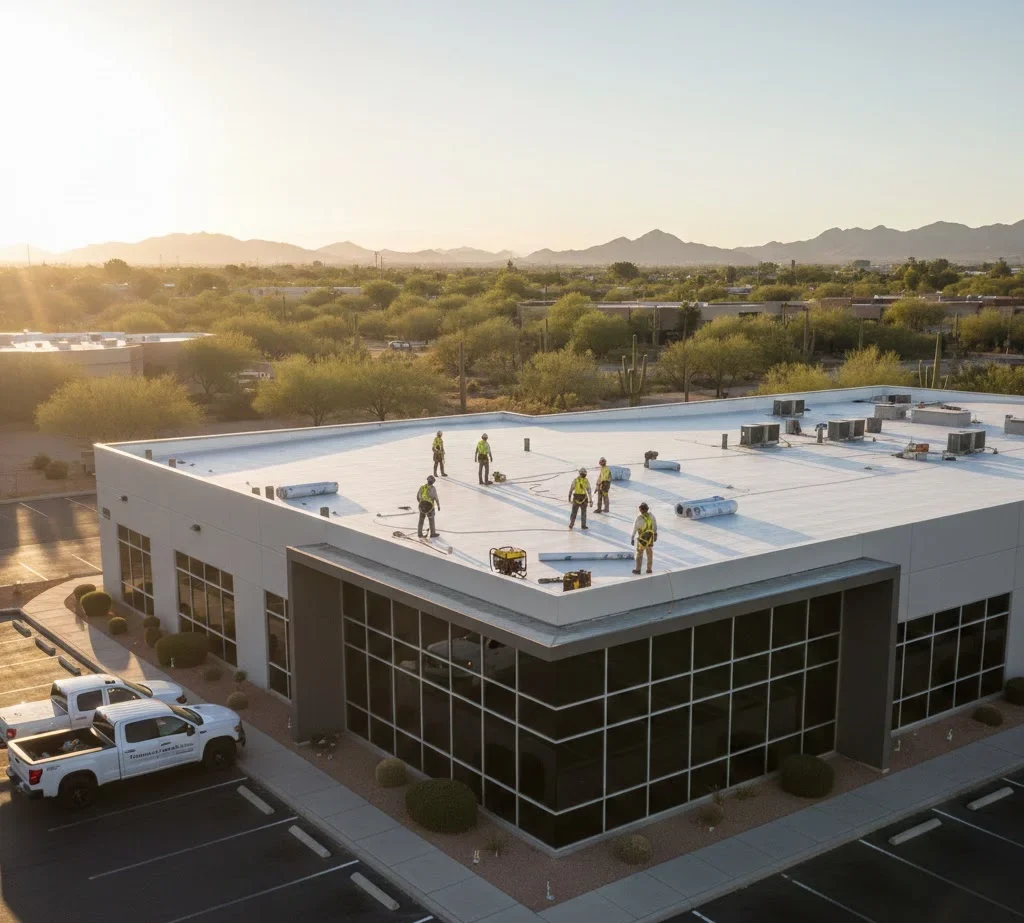 Modified bitumen roofing system being installed with torch-down application.