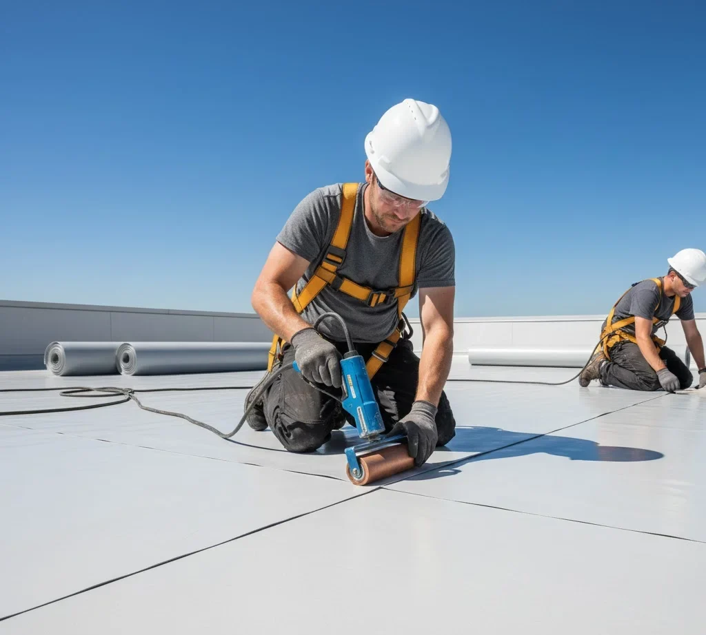 PVC commercial roofing system with heat-welded seams for maximum waterproofing.