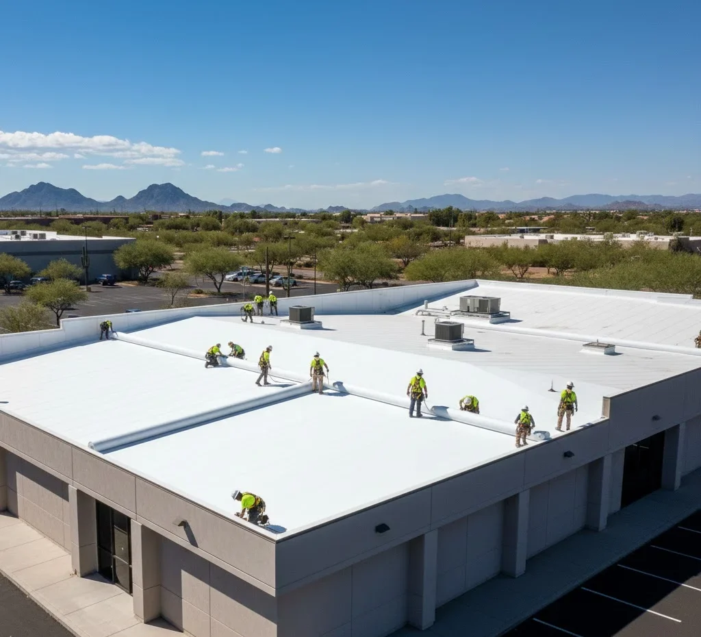 New commercial roof installation on flat and low-slope buildings in Tucson.