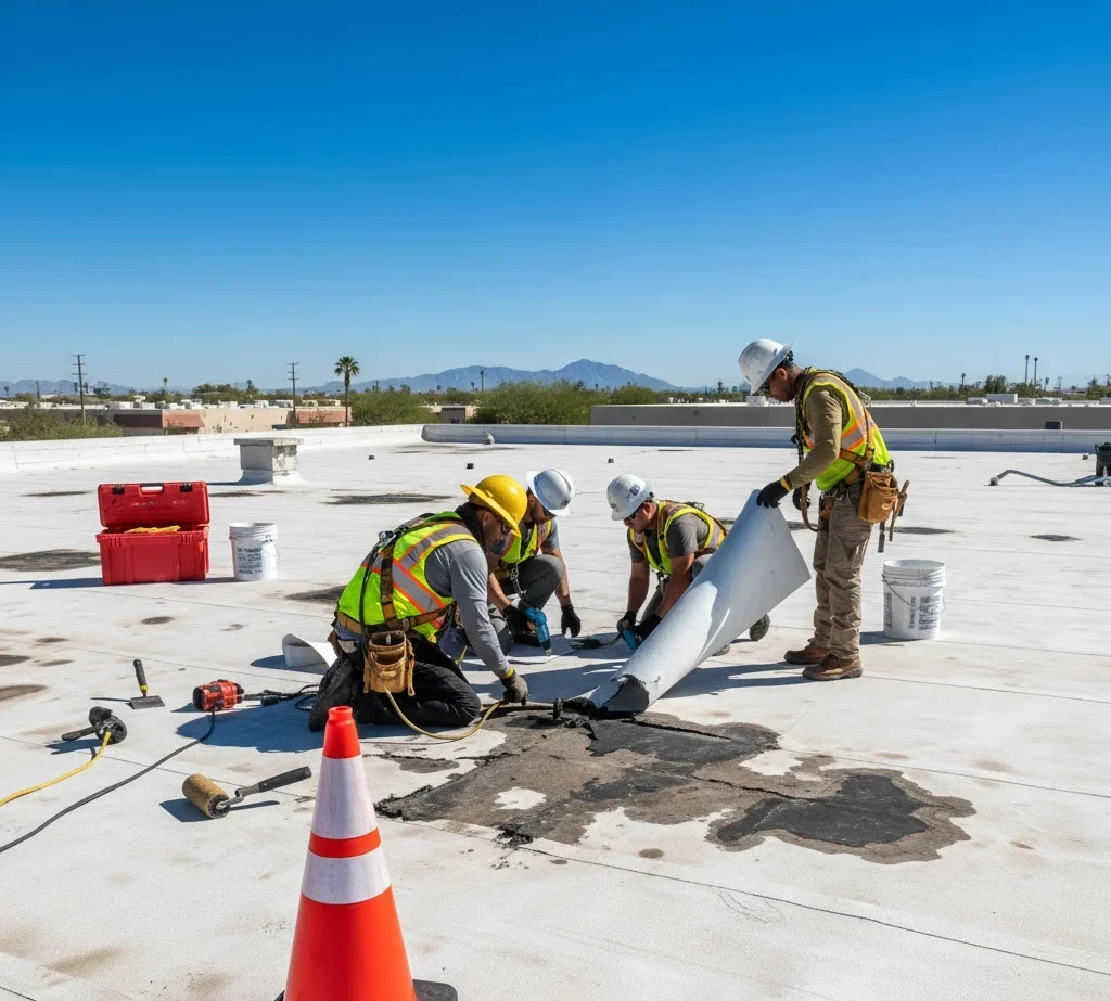 Commercial roof repair technicians fixing leaks and damaged roofing membranes in Tucson.