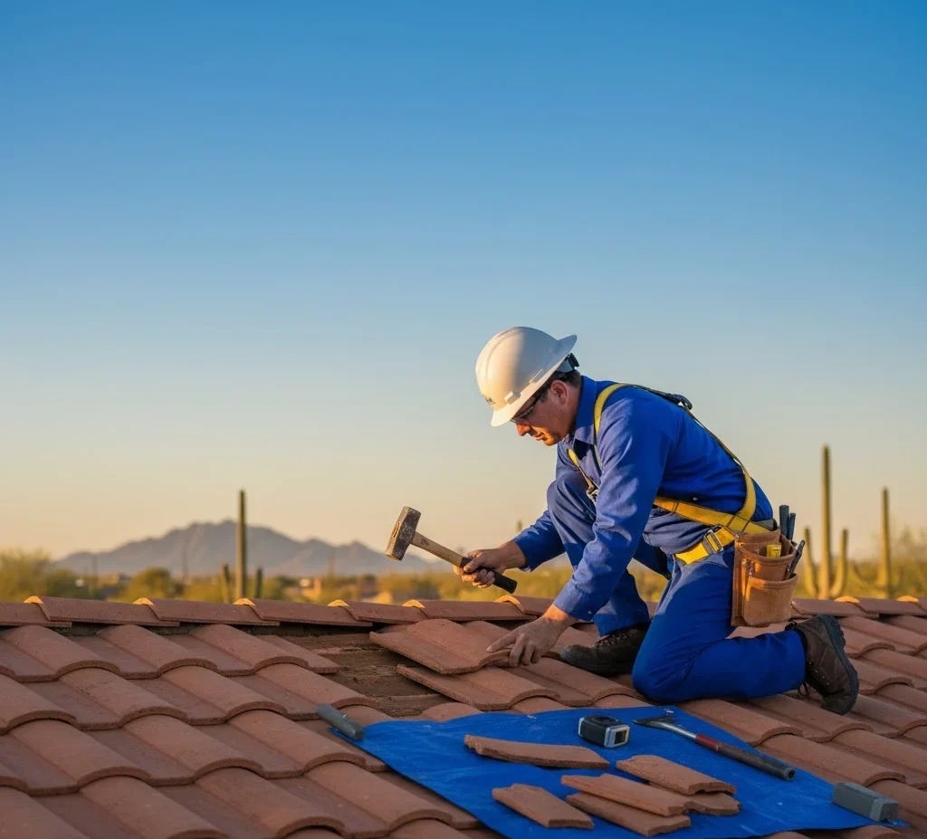 Roofer repairing damaged shingles on a roof under sunny Tucson weather.