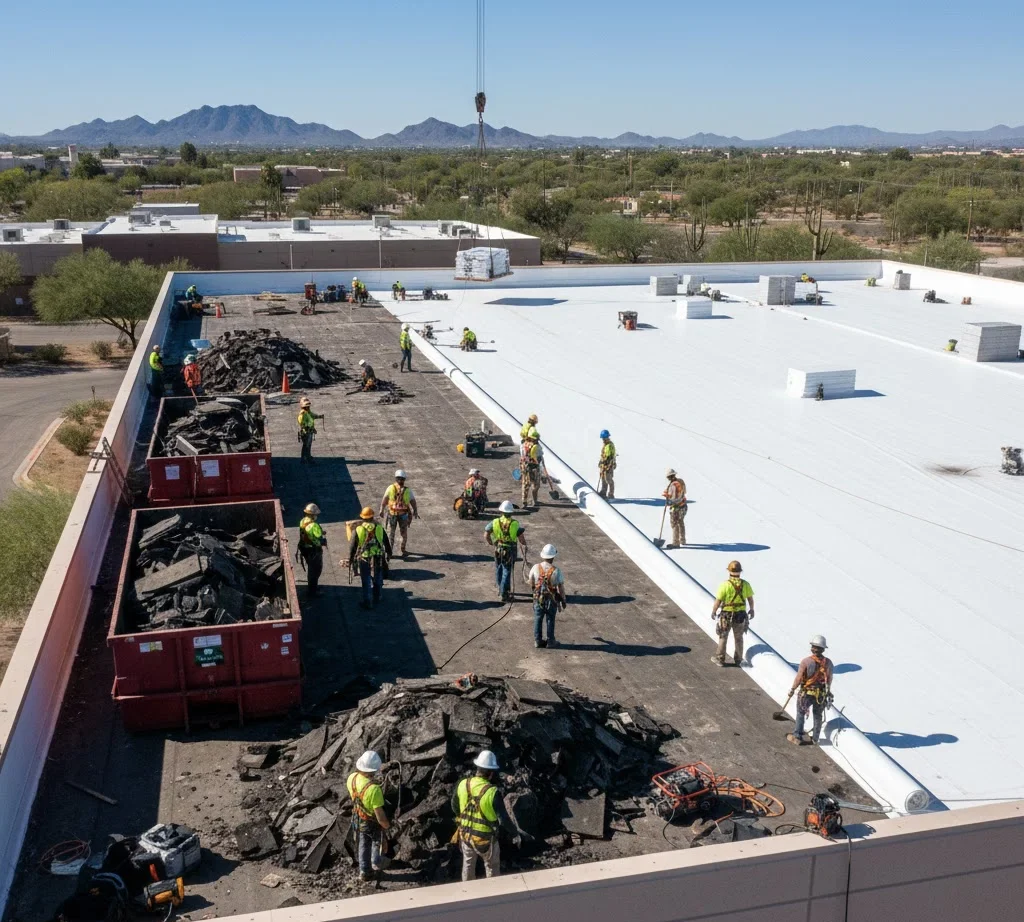 Full commercial roof replacement project with upgraded roofing materials.