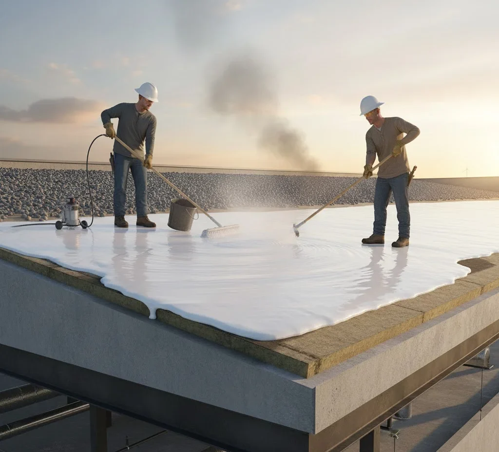Silicone roof coating applied to protect and extend commercial roof lifespan.