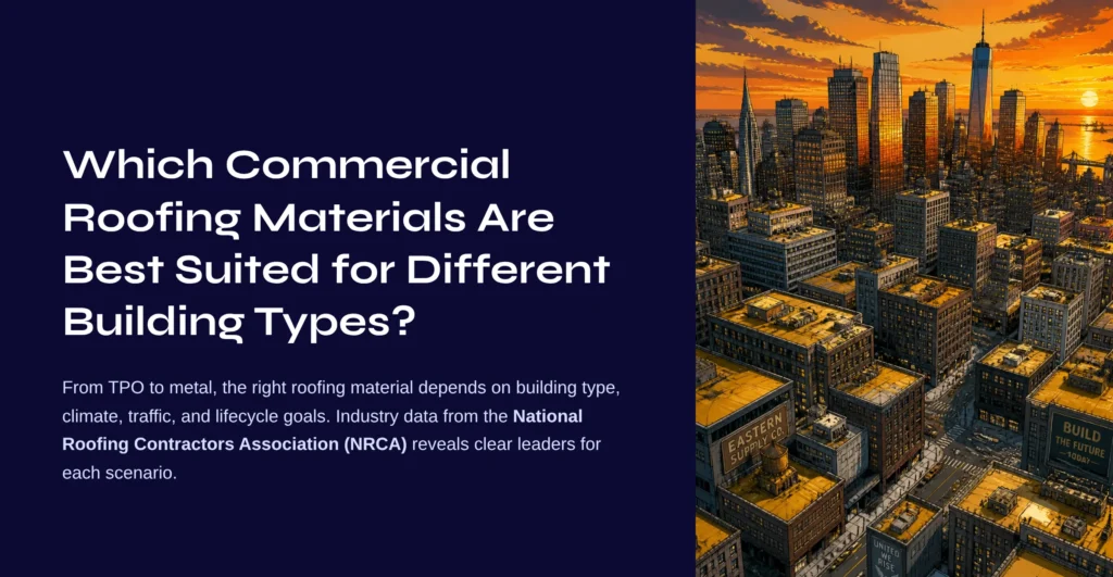 Different commercial roofing materials including TPO, metal roofing, PVC, and EPDM displayed on commercial buildings in Tucson.
