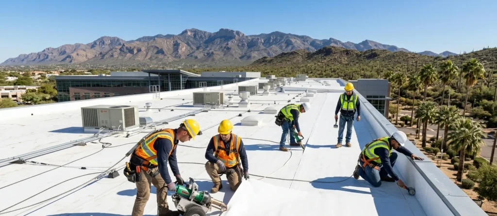 Commercial roofing crew installing a TPO roofing system on a warehouse in Tucson, Arizona.