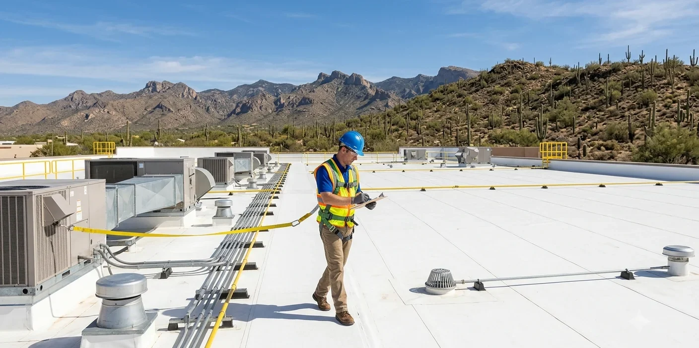 Professional contractor inspecting a commercial roofing system on a flat roof in Tucson, Arizona