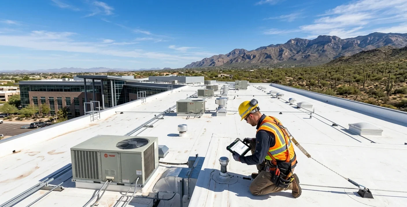 Professional contractor inspecting a commercial roofing system on a flat office building in Tucson, Arizona.